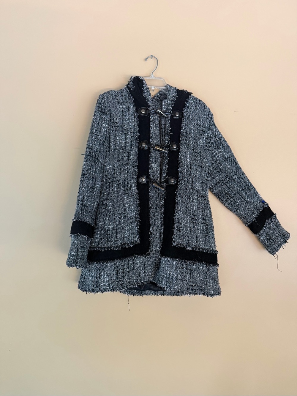 Guess Gray Tweed Hoody jacket with Black Trim and Toggle Closures